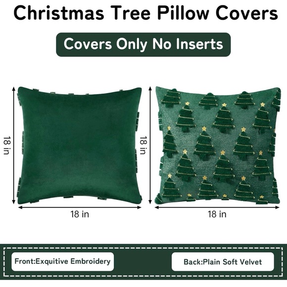 NEW Set of 2 Dark Green & Gold Christmas Tree Pillow Covers w/ Zipper - 18”x18” - Picture 7 of 7